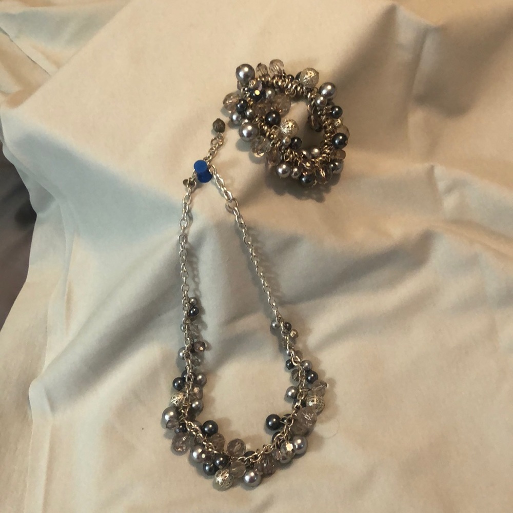 Blue and Silver Tone Bead Necklace & Bracelet Set